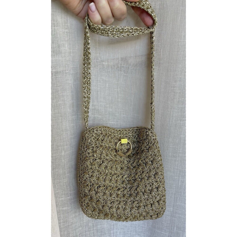 Vintage 1960s Magid Italy Crochet Satin Evening Clutch Gold Woven Handle Bag - Picture 2 of 13